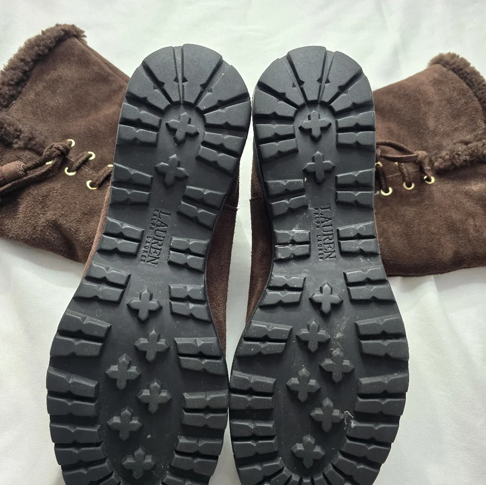 Lauren Ralph Lauren Tadina Brown Suede Nubuck Lamb Fur Shearling Boots s…